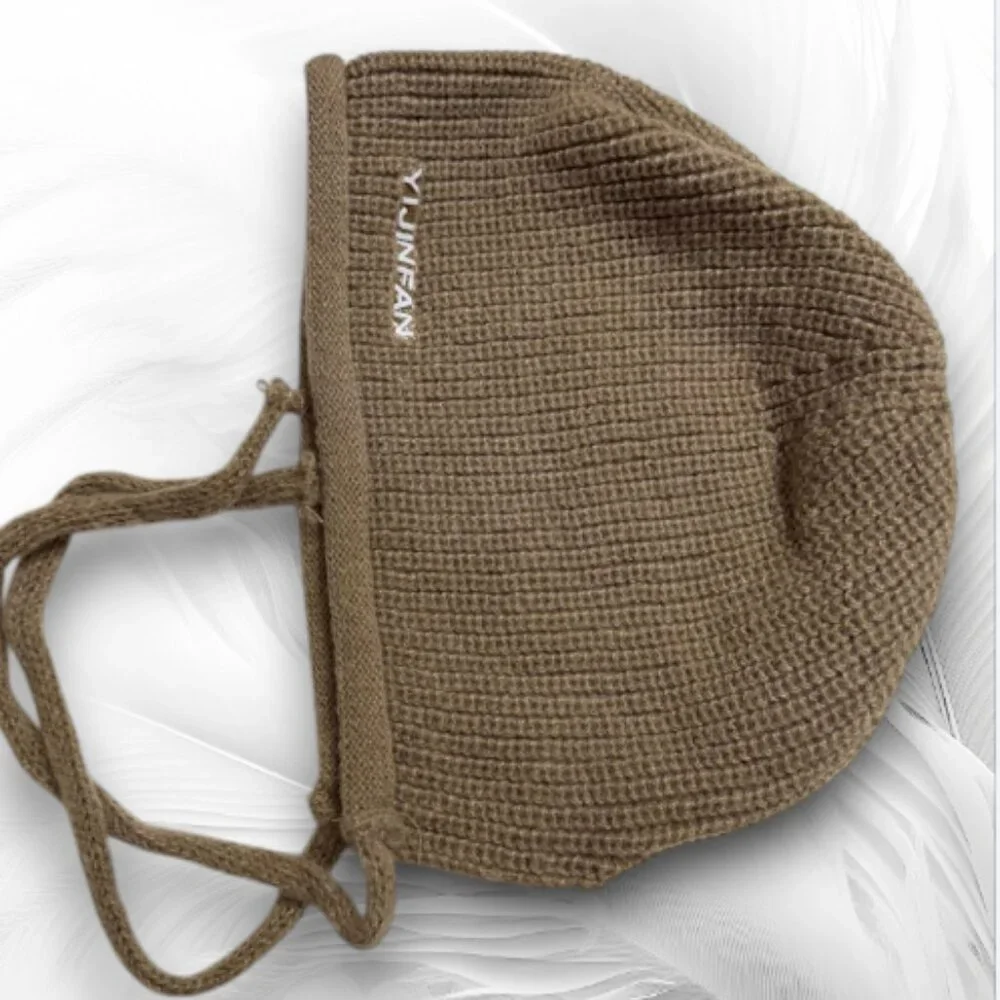 New Beige Knit Winter Bonnet Hat With Ties
